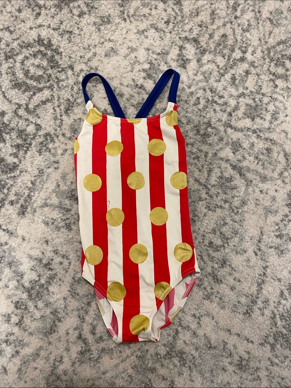 Mini Boden Red & White Striped One-Piece Swimsuit with Gold Dots and Blue Straps
